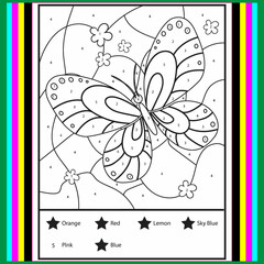 Color by numbers - addition and subtraction worksheet for education. Coloring book. Solve examples and paint butterfly in sky. Math exercises worksheet. Developing counting learn. Print for kids