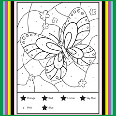 Color by numbers - addition and subtraction worksheet for education. Coloring book. Solve examples and paint butterfly in sky. Math exercises worksheet. Developing counting learn. Print for kids