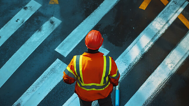Worker in Safety Gear Standing on Crosswalk