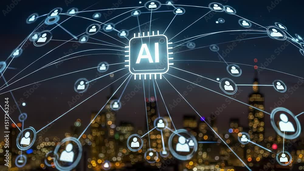 Poster digital artificial intelligence chip connecting a network of users over a modern cityscape at dusk, 