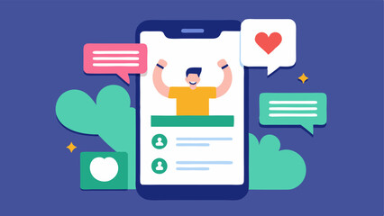 Community Support Feature Illustrating a social medialike interface within a fitness app where users can share achievements with thumbsup icons and text bubbles showing
