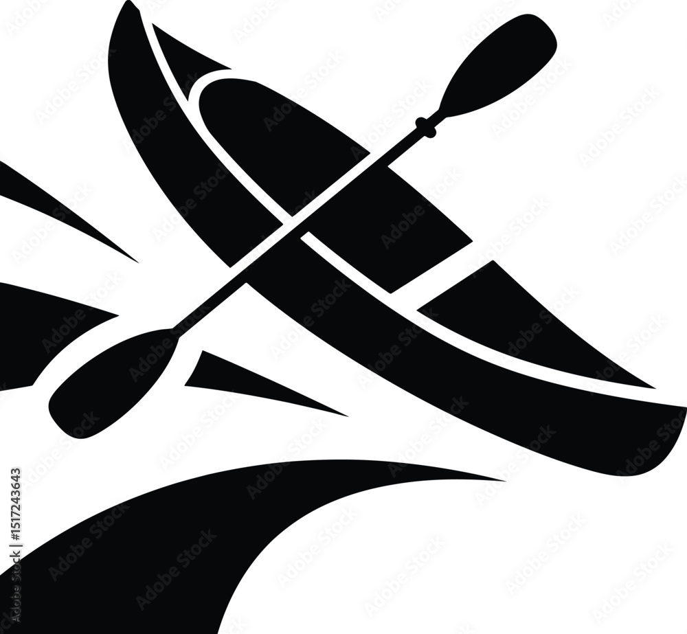 Aufkleber a black and white illustration of a kayak with a paddle on water creating splash effect in simple st