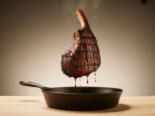 Juicy Grilled Tomahawk Steak Dripping in Cast Iron Pan on Wooden Table â€“ Delicious Culinary Concept