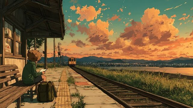 Boy at station writing in notebook luggage nearby train approaching sunset sky backdrop