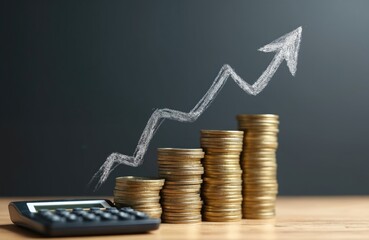 Stacks of coins increase value with chalk arrow, calculator. Concept of business, finance growth. Rise in economy, investment, salary, profit, wealth, banking, saving. Financial development success