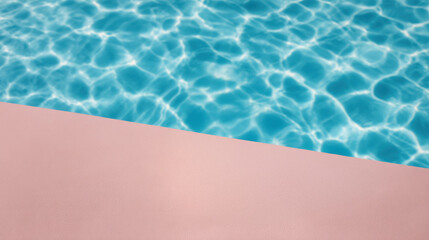 Fototapeta premium Clear blue water with sunlight reflections in swimming pool beside pink pool deck surface creating calm and refreshing summer vibe