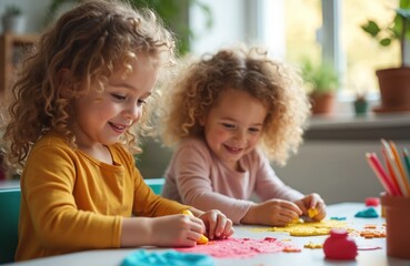 Two cheerful little girls create art class indoors. Kids work at the table with colorful clay play dough. Happy children friends enjoy creative crafting activities at preschool.
