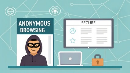 VPN proxy protection concept. Illustration of anonymous browsing concept with computer and security elements.