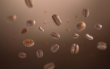 Roasted coffee beans levitate with dark background. Coffee beans flying and falling use for background. Close up image.