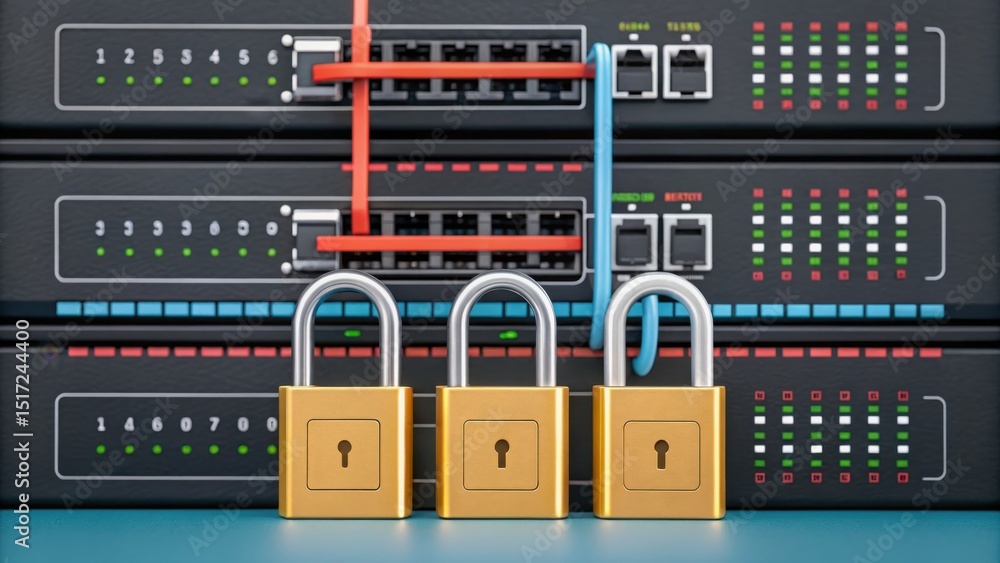Poster vpn proxy protection concept. digital locks on network servers symbolizing security and data protect