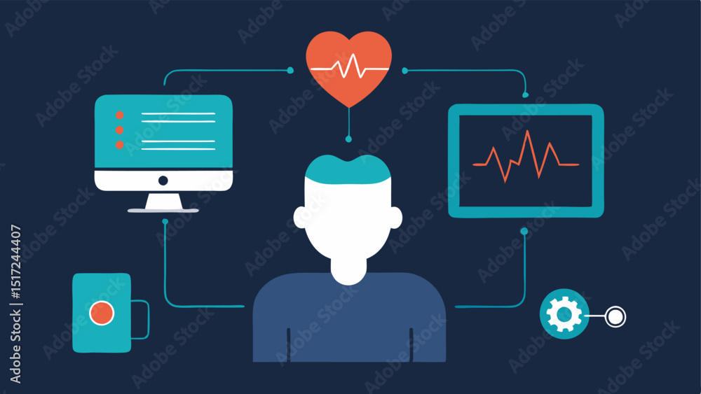 Aufkleber health monitoring a silhouette of a user connected to medical equipment via a bci with heart rate an