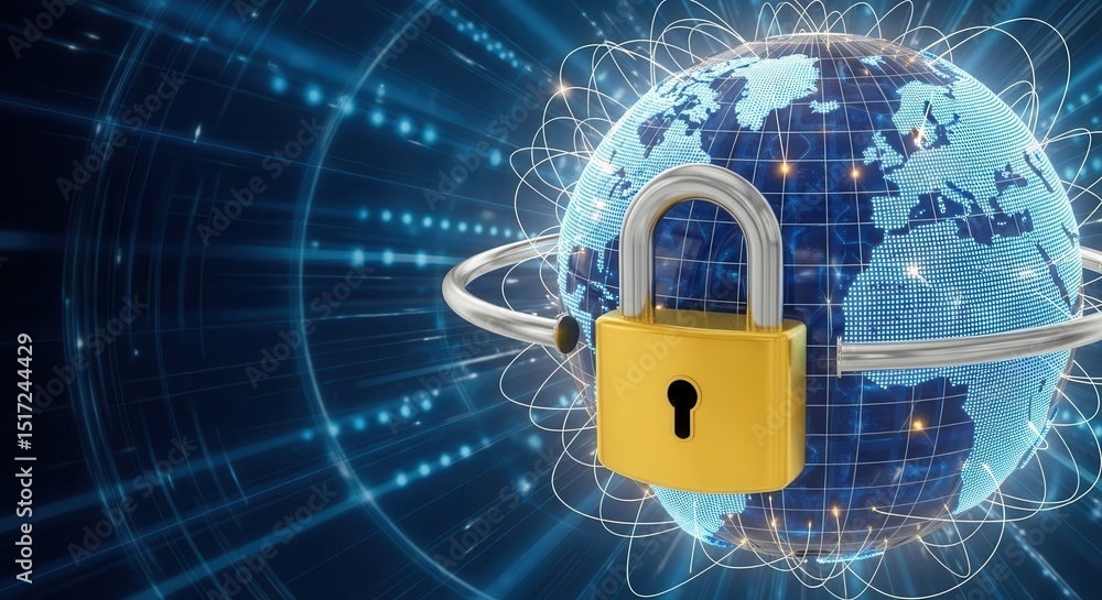 Poster vpn proxy protection concept. digital globe with a padlock symbolizing cybersecurity and protection.