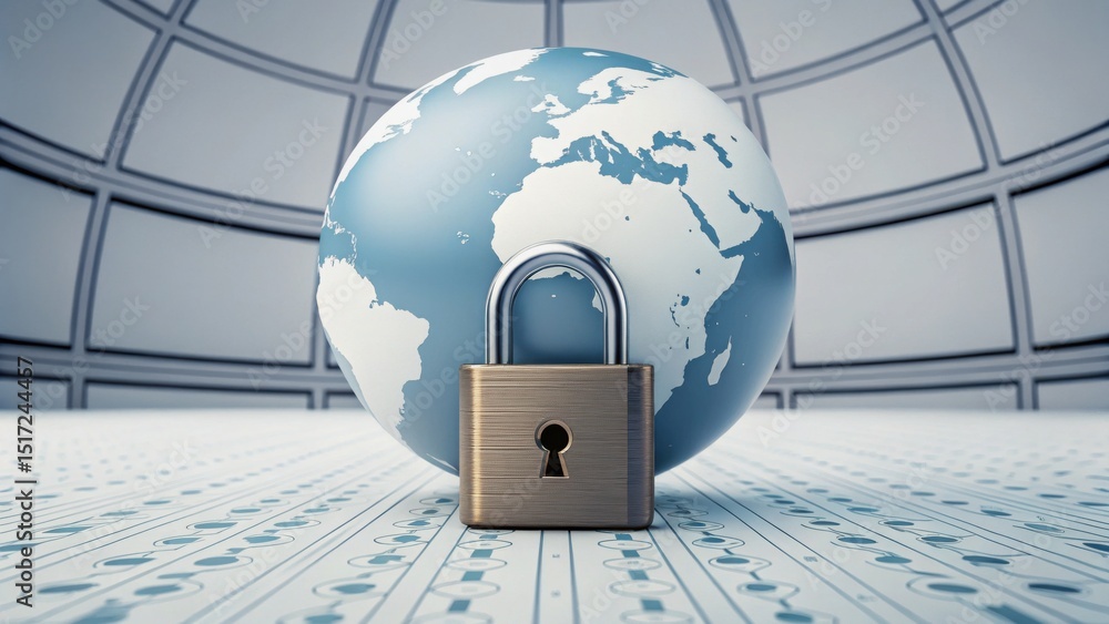 Poster vpn proxy protection concept. a globe with a padlock symbolizes global security and privacy.