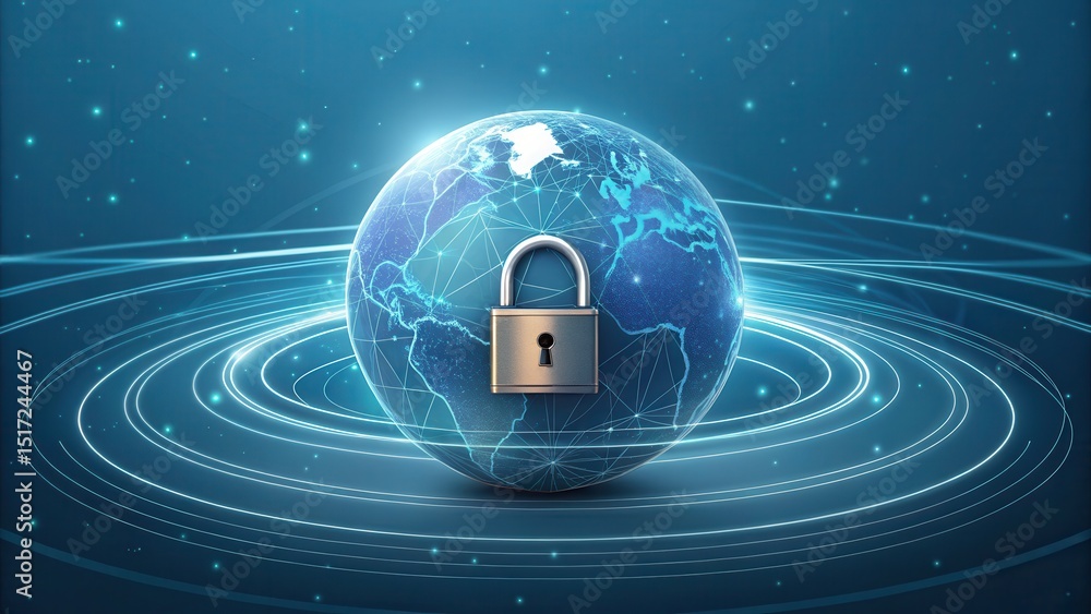Poster vpn proxy protection concept. secure globe with a padlock and network connections.