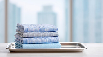 Stack of folded blue hospital gowns on stainless steel tray with blurred window background, clean and organized medical setting