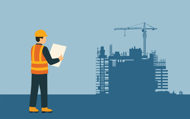 Construction Engineer Inspecting Building Site,  Building background, vector illustration