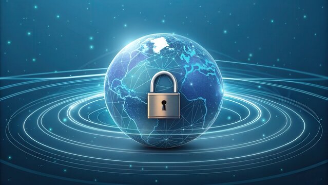 VPN proxy protection concept. Secure globe with a padlock and network connections.