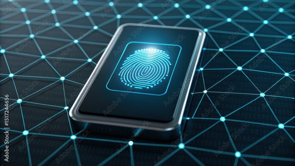 Poster vpn proxy protection concept. smartphone displaying a fingerprint on a digital network background.