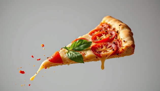 a thin crust margherita pizza slice suspended mid throw, its cheese and basil leaves swirling in a mesmerizing dance, tomato bits are captured in motion, adding a dynamic energy to the position