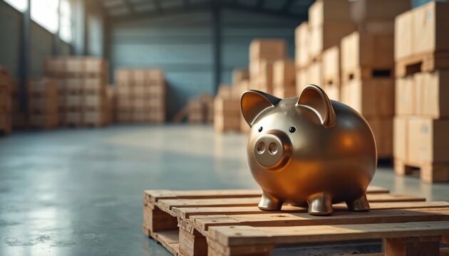 Piggy bank on wooden pallet in warehouse, storage setting. Financial savings, cost living, value resource concept. Warehouse background suggests asset inventory, economy.