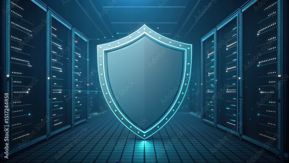 Poster vpn proxy protection concept. digital shield in a server room, representing cybersecurity and protec
