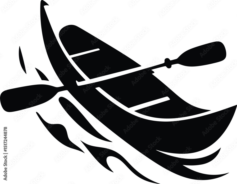 Poster a black and white graphic of a canoe with a paddle moving through water creating a splash effect sil