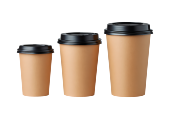Three disposable coffee cups of varying sizes