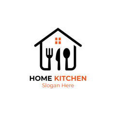 Fork knife and spoon with house logo design. Kitchen home cook with fork knife and spoon logo icon.