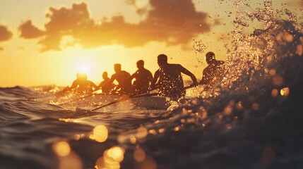 Silhouette of rowers in a boat at sunset.