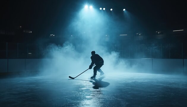 Silhouette of hockey player on ice rink in the fog during night game. Intense action in winter sport, hockey player skating with a stick. Extreme sport competition in the arena. - Powered by Adobe
