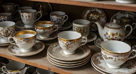 Elegant Antique Teacups and Saucers Collection Gold Accents and Vintage Design
