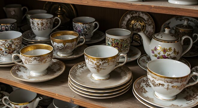 Elegant Antique Teacups and Saucers Collection Gold Accents and Vintage Design