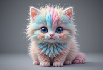 Fluffy Pastel-Colored Kitten Plush Toy with Blue and Pink Fur