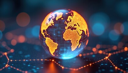 Digital globe with glowing circuits represents global trade and tech. Abstract 3D Earth map connected with network. World technology, international communication, cybernetic, data visualization.