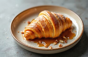 Close-up of delicious croissant with caramel and nuts on plate. Freshly baked breakfast or dessert pastry with golden crust. Sweet food for cafe menu and food blog.