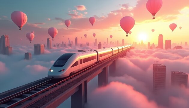 Modern high-speed train travels above clouds towards futuristic city. Pink hot air balloons float in sky. Technology, transport and travel concept. Dreamlike scene, innovative design, forward motion.
