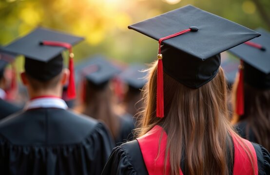 Graduation ceremony with graduates in black gowns wearing mortarboards with red tassels. Higher education achievement with celebrating students, academic success, graduation day event.