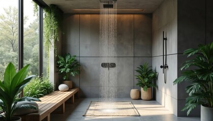 Fototapeta premium Modern eco-friendly bathroom with rain shower head. Green plants inside, zen spa oasis concept. Luxury home interior, natural light, sustainable design creates calmness, wellness. Refreshing bathing