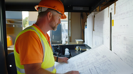 Construction Worker Reviewing Blueprints in a Mobile Office