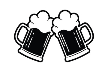 silhouette two beer mugs clinking together cartoon vector illustration