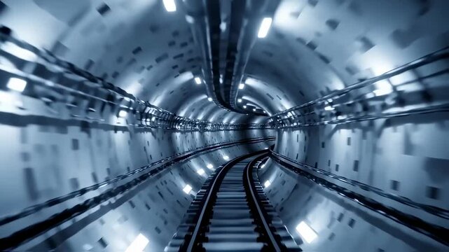 Particle accelerator tunnel interior, endless ring curving into distance, blinking lights and sensors, metallic walls, eerie ambiance, cinematic sci-fi realism
