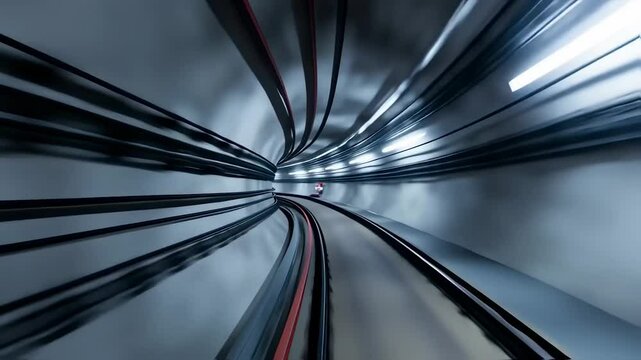 Particle accelerator tunnel interior, endless ring curving into distance, blinking lights and sensors, metallic walls, eerie ambiance, cinematic sci-fi realism