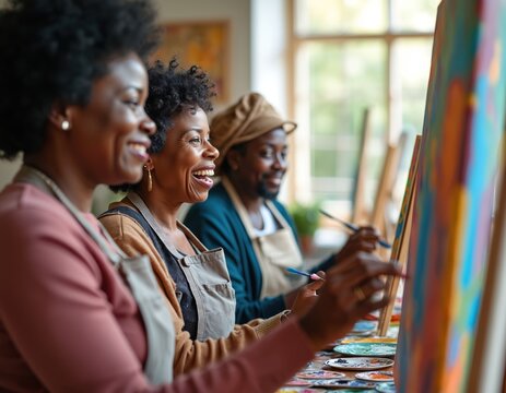 Three black senior artists create artwork together in bright studio. Cheerful diverse people with afro, grey hair, smiling, painting using brushes. Teamwork, collaboration, creative process during - Powered by Adobe