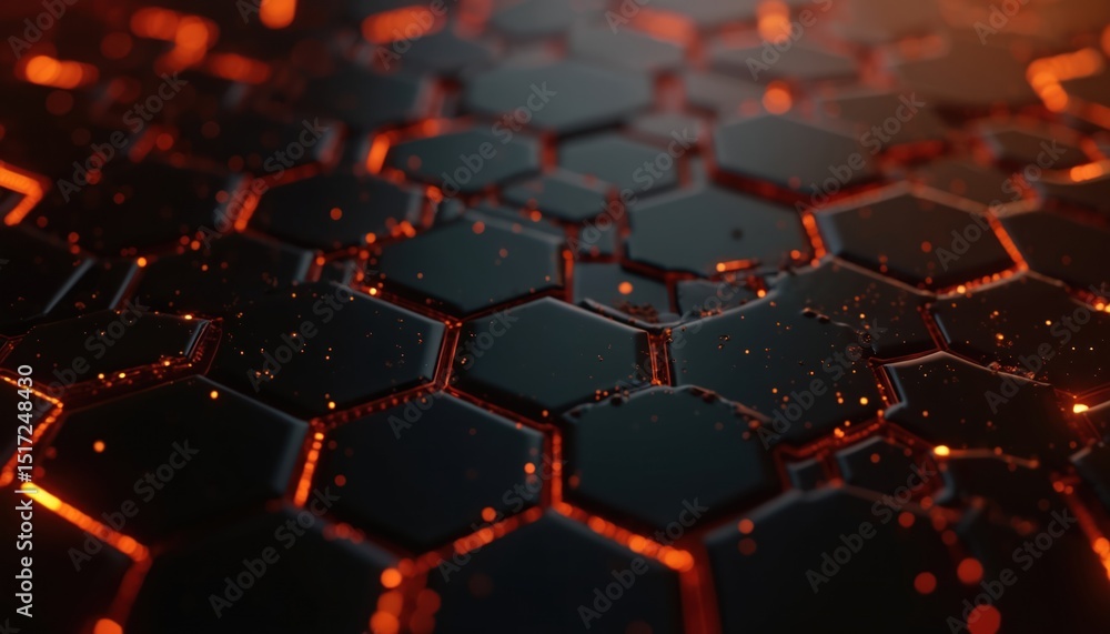 Poster abstract dark hexagon pattern on orange neon background, futuristic honeycomb concept. modern tech s