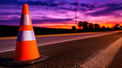 Bright orange traffic cone on a deserted road at sunset, with vibrant sky colors in the background