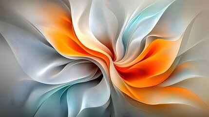 Abstract swirling composition of luminous, translucent petals in shades of orange, white, and blue-grey, creating a dynamic, almost floral, effect.  The forms suggest movement and fluidity