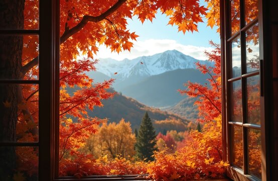 View of vibrant autumn foliage through window. Mountain range covered in snow, colorful leaves. Season of fall with maple tree branches in orange, red colors. Nature landscape view. Cozy seasonal