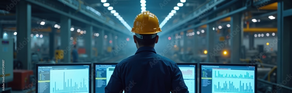 Poster system engineer wearing hard hat in industrial facility front of computer monitors displaying data. 