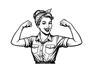 Obraz premium Smiling Caucasian Woman Flexing Biceps and Showing Strength in a Retro Vintage Pinup Style Illustration
