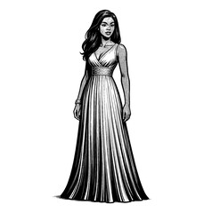 Fototapeta premium Elegant African American Woman in Long Dress Black and White Illustration